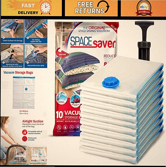 10 Pack Medium Vacuum Storage Bags for Bedding, Blankets & Clothes - Space Saver