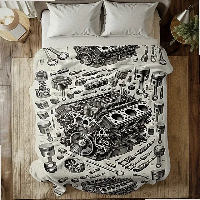 1pc Heavy-Duty V8V6 Engine Blueprint Bedspread with Piston, Gear & Cylinder Di