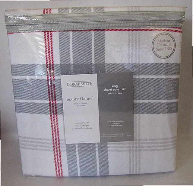 Dormisette Luxury Heavy Weight Gray Plaid Flannel KING Duvet Cover Set Germany