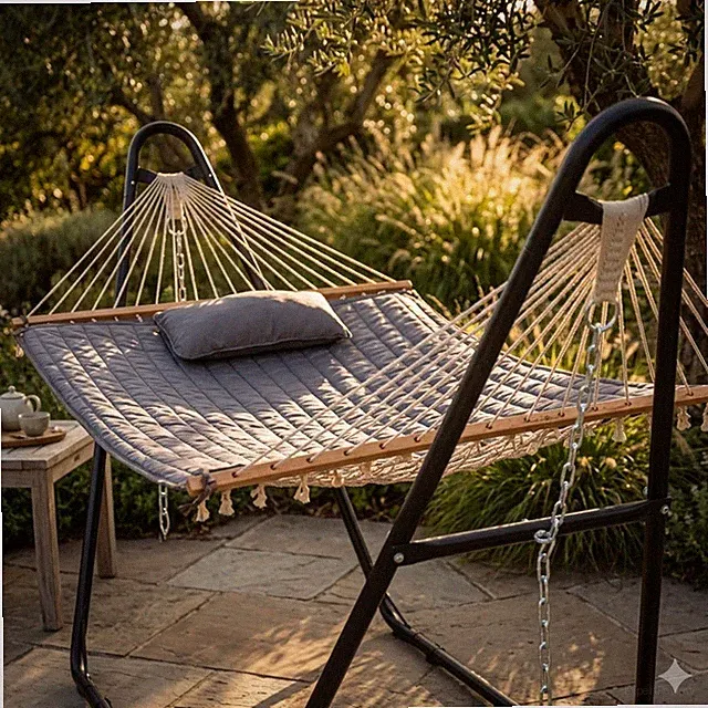 Hammock with Stand Heavy Duty 450lbs Double Quilted Bed Wood Spreader Bar Gray