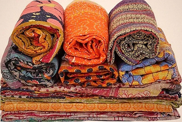 Indian Tribal Kantha Quilts Vintage Cotton Bed Cover Throw Old Sari One Pc
