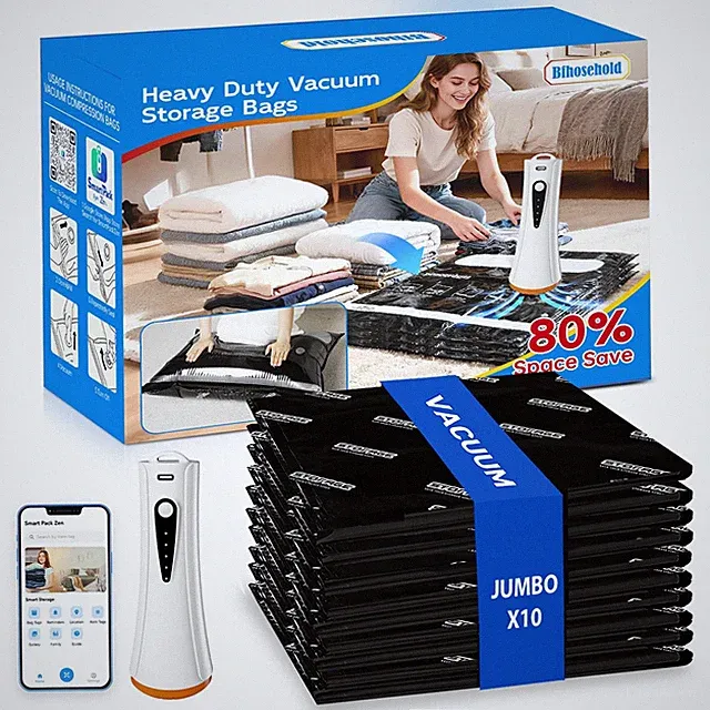 Jumbo Vacuum Storage Bags with Pump, 10 Pack Vacuum Seal Bags for Clothing, B...