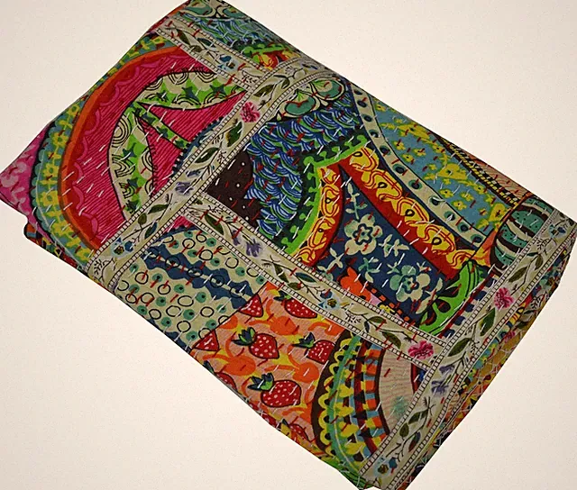 Reversible Indian Cotton Kantha Quilt - Twin/Queen/King Size Bedding