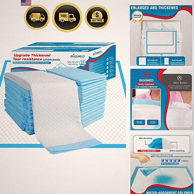 Tear-Resistant Incontinence Bed Pads 40'' x 36'' 130 Gram Heavy Duty 25 Count...