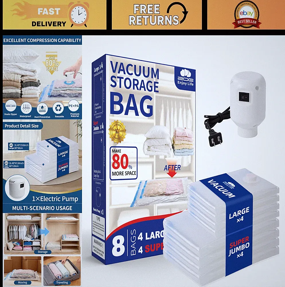 Vacuum Storage Bags with Pump, 8 Pack - Heavy Duty Space Saver for Bedding & Clo