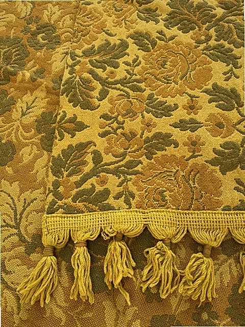 Vtg Sears Bedspread Queen HEAVY Gold GREEN FLORAL Tapestry Brocade Fringe MCM